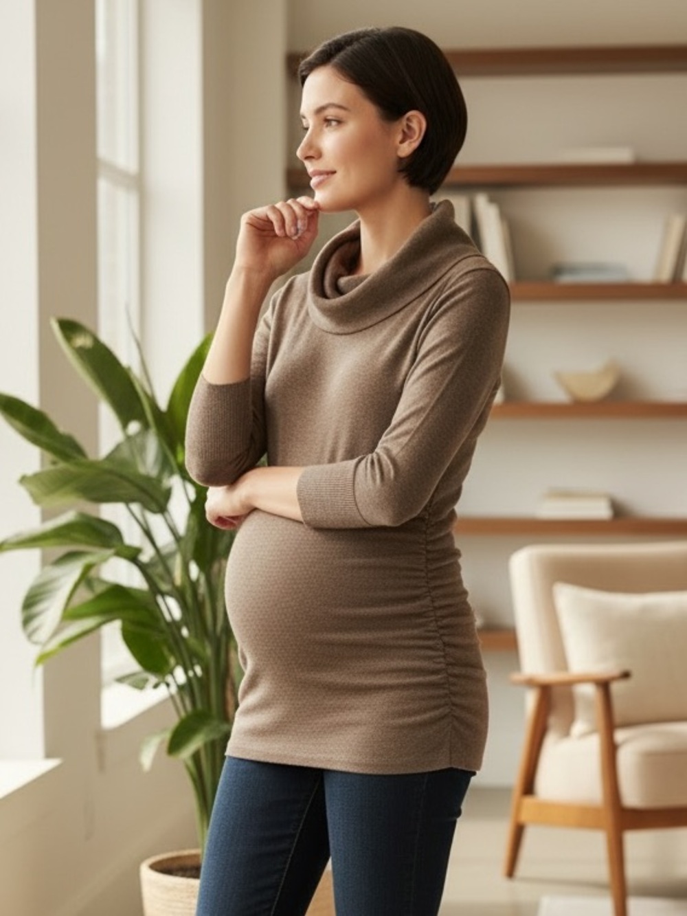 Motherhood Taupe Cowl Neck Maternity Sweater Tunic